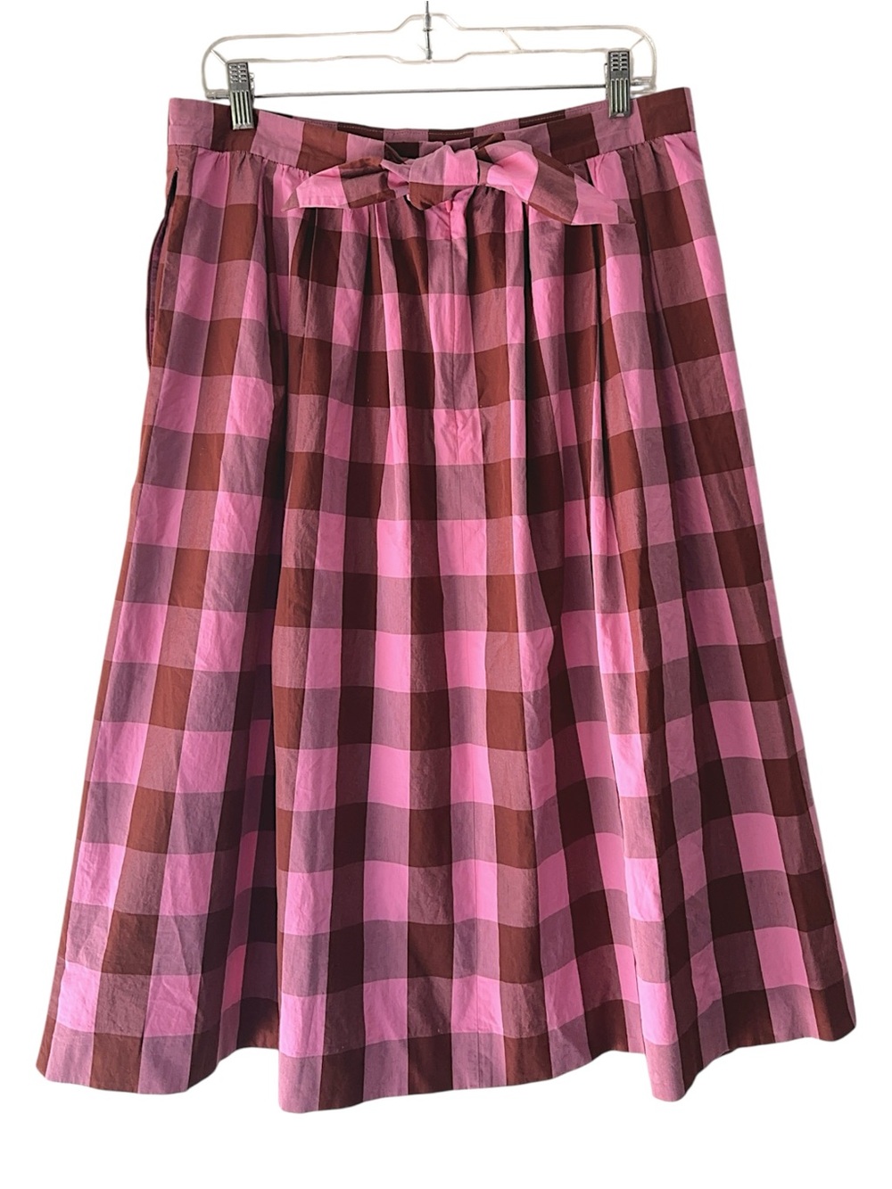 J CREW LARGE GINGHAM CHECK COTTON SKIRT PLEATS TIE BACK PINK & BURGUNDY SIZE 12 - Picture 6 of 9